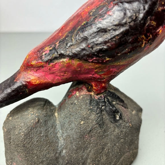 Primitive Folk Art Red Bird Robin Cardinal Stone Clay Statue Sculpture Carving - Picture 8 of 12